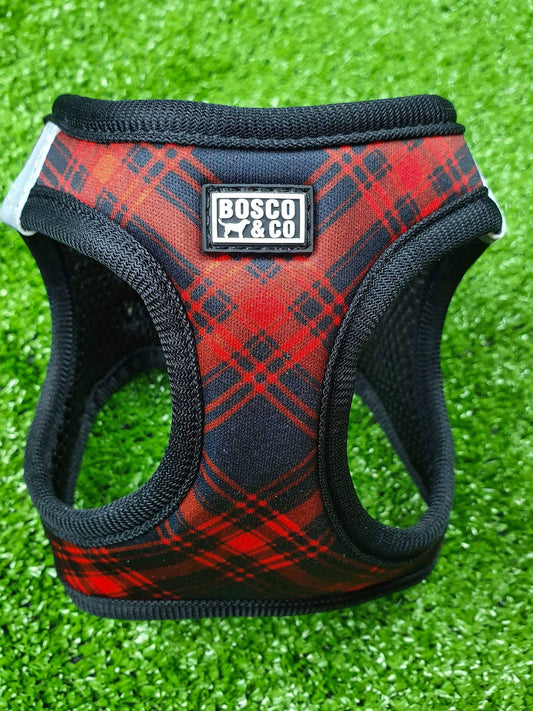 Padded Step In Cat Harness: Black & Red Tartan